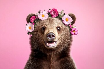 Isolated pink background, copy space, marketing idea. Cute baby animal brown bear wearing free flower crown on its head - symbol of sunny holiday season. Animal with floral decorations.