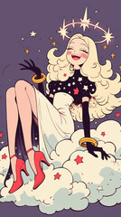 Vintage Manga Style Blonde Woman with Starry Hairstyle and Golden Bracelets on Purple Background, Kawaii Anime Idol Concept