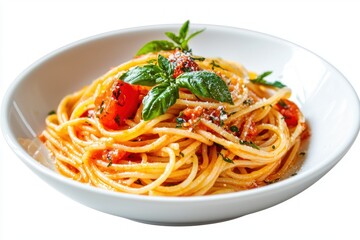 Appetizing Bowl of Spaghetti with Fresh Tomato Basil Sauce and Parmesan Cheese Close Up Table Top View