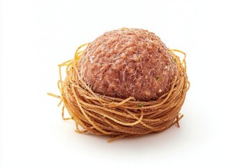 Exquisite Overhead Close up of Meatball Pasta Nest Culinary Delight on Pristine White Background Food Theme