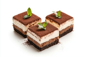 Delectable trio of tiramisu cakes topped with fresh mint leaves on white seamless surface angle view