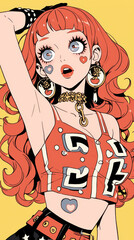 Vintage Manga Style Blonde Woman with Starry Hairstyle and Golden Bracelets on Purple Background, Kawaii Anime Idol Concept