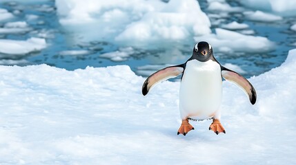 A playful penguin standing on a snowy surface with icy blue waters in the background, reflecting the serene beauty of the cold environment
