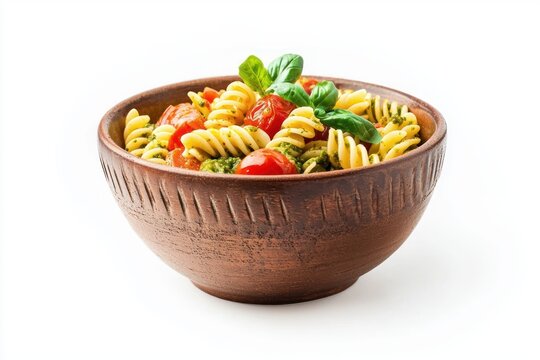 Rustic bowl of vibrant fusilli pasta with fresh basil leaves and juicy cherry tomatoes - Powered by Adobe