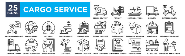 Cargo service icon set collection. Containing cargo ship,delivery,express delivery,warehouse,customs clearance icon. Simple flat vector illustration.