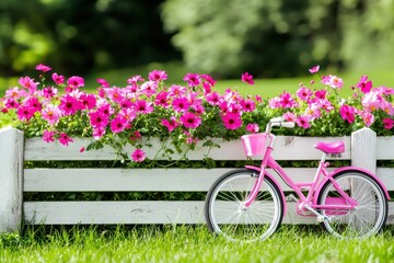 Pink Bicycle near White Fence Adorned with Vivid Flowers in Lush Green Garden Background Beautiful Day