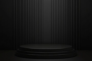 Dark minimalist platform, black cylindrical podium, studio backdrop.