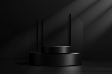 Dark, minimalist two-tiered cylindrical platform with subtle lighting.