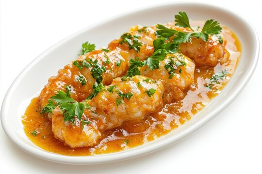 Gourmet monkfish medallions in a rich citrus sauce adorned with fresh parsley on bright white platter