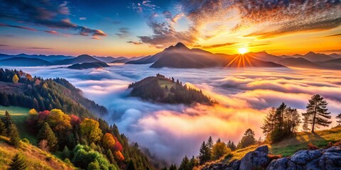 Fototapeta premium Rising Fog in Mountain Valley - Dramatic Sunrise Landscape