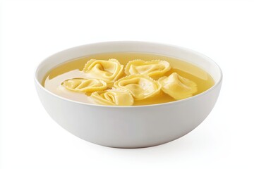 Tortellini pasta floating in a white bowl of broth a heartwarming presentation capturing simple flavors food photography