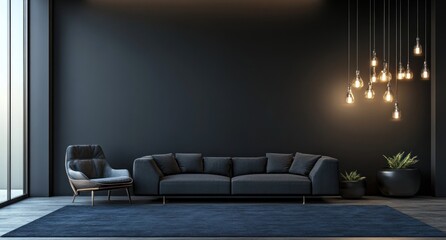 Dark modern living room with sofa, armchair, rug, and pendant lights.