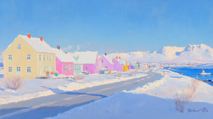 A row of colourful shops lines a road in the winter town of Yakrevik, Iceland.sunny weather, soft light, high detail,Impressionist oil in wood, oil in small strokes