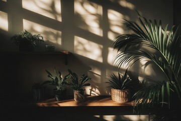 Fototapeta premium Sunlit Indoor Plants with Shadows on Wall in Modern Interior Design