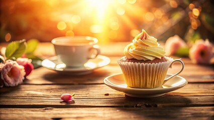 Fototapeta premium Romantic Afternoon Tea Date: Cupcake & Teacup Stock Photo