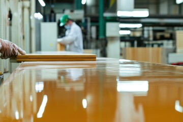 Worker Applying Finish on Wood Surface in Manufacturing Facility