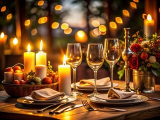 Romantic Candlelit Dinner: Elegant Table Setting with Wine Glasses