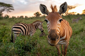 Zebra Portrait in African Grassland at Sunset with Striking Stripes and Intense Gaze Showing Wildlife