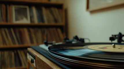 Obraz premium Nostalgic vinyl record player playing music album collection classic aesthetic wooden shelf home entertainment