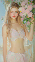 A beautiful girl with long hair, holding a large bouquet of roses in a selfie, the background is simple and the light is soft.high detail