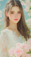 A beautiful girl with long hair, holding a large bouquet of roses in a selfie, the background is simple and the light is soft.high detail