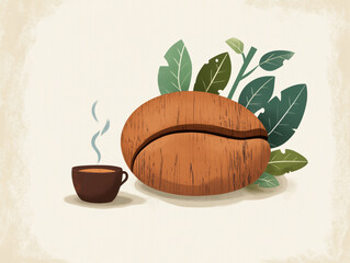 This image shows a large coffee bean with green plants in the background. The surface of the coffee bean shows a woody texture with obvious cracks, highlighting the characteristics of nature. Nearby w