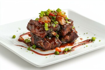 Stack of Glazed Pork Ribs Topped with Fresh Green Onions on a White Square Plate Presented with Culinary Flair