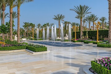 Fototapeta premium Misty Sunrise Over Grand Palace Garden with Fountains and Rainbows