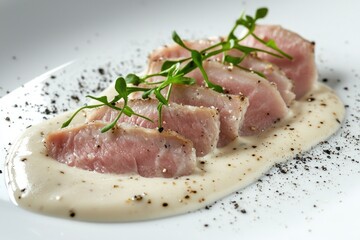 Close up on gourmet sliced pork tenderloin in creamy sauce decorated with arugula sprigs on plate