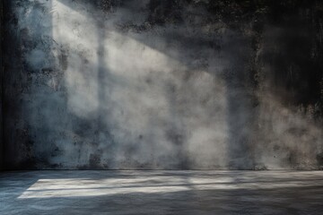 Dark, moody interior with textured concrete wall and floor, illuminated by sunbeams.