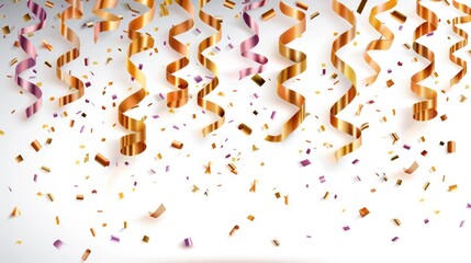 Obraz premium Colorful Streamers and Confetti Falling on a White Background for Celebration