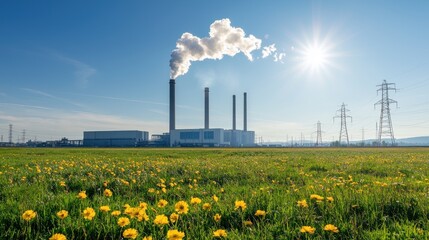 Tall industrial smokestacks of a power plant rise against a bright blue sky with fluffy white clouds surrounded by a lush green meadow filled with vibrant yellow wildflowers