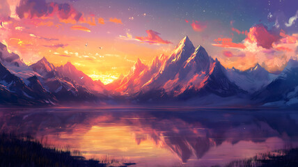 Majestic Mountain Lake Sunset Landscape, Serene Nature Scene, Peaceful Panorama, Stunning View