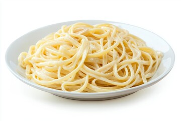 Delicious creamy pasta with white sauce served on white plate against white background ready to eat