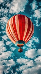 Naklejka premium Red balloon ascends, cloudy sky, travel poster
