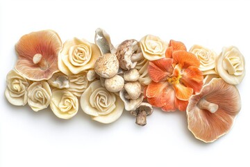 Harmonious arrangement of mushrooms and flowers on a white background creating a natural organic display