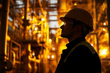 Obraz premium Worker in oil refinery at night