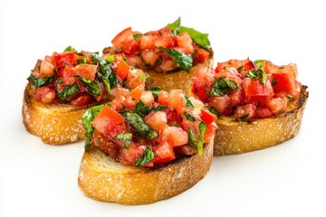 Elegant Bruschetta Display Fresh Basil Juicy Tomatoes and Toasted Bread on White Background Detailed Food Photography
