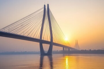 Obraz premium Massive Suspension Bridge Stretching Across Misty Bay at Sunrise
