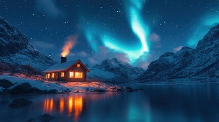 Fototapeta premium Cozy cabin, aurora borealis, snowy mountains, night, reflection
