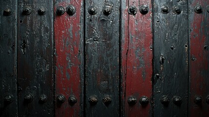 Fototapeta premium Rustic Red and Black Wooden Door with Metal Studs Offering a Vintage Texture Rich in Contrast and Detail