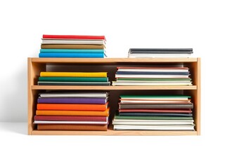 Colorful stack of books with bright covers on white background with space for text, ideal for design elements and educational themes, isolated, close up