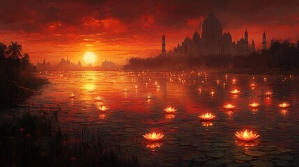 Naklejka premium Sunset over palace, floating lanterns, India, calm water, Diwali