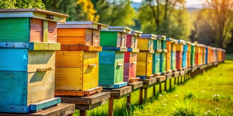 Row of Honey Bee Nucs for Sale - Apiary Stock Photo