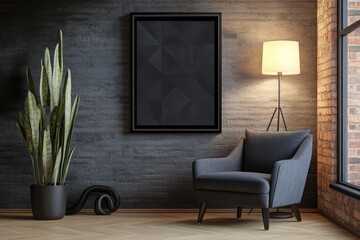 Dark room interior with armchair, plant, lamp, and framed artwork.