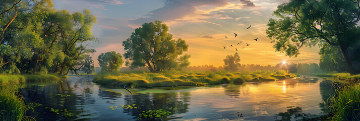 Obraz premium Serene Sunset Landscape with River, Lush Green Trees, and Birds in Flight