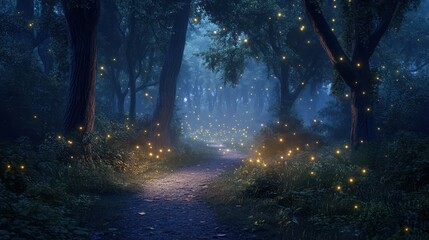 Naklejka premium A Winding Forest Path Lit by Soft Moonlight with Fireflies By Generated AI