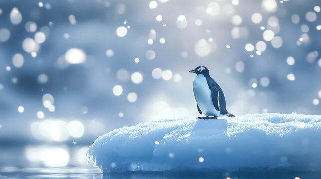 A solitary penguin standing on an ice floe amidst softly falling snowflakes in a serene, wintry landscape with a soothing blue color palette - Powered by Adobe