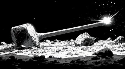 Lunar impactor striking asteroid, space debris background