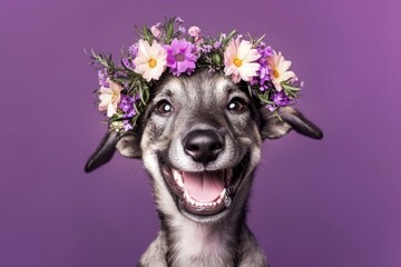 Cute baby dog great pyrenees wearing free flower crown on its head - symbol of sunny summertime. Isolated pink background, copy space, ad campaign concept pattern. Professional studio picture.
